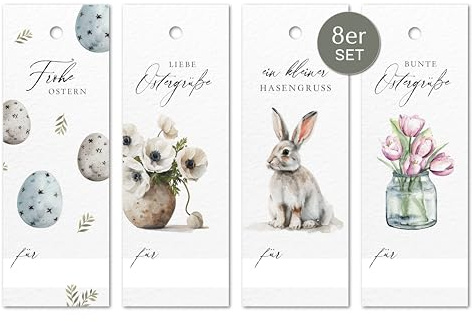 Geschenkanhänger Ostern im Mix Set | 8 Stück stilvolle Osteranhänger mit Aquarellmotive Frohe Ostern | Karten für Ostergeschenke Mitbringsel Ostergrüße Flaschengeschenke Kundenpräsente NORDEULE