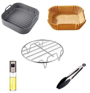 FryChef Heißluftfritteuse Zubehör SET, Airfryer Zubehör, Mit Backform, 100 x Backpapier, Ölsprüher u.vm. Rund ab 20 cm, quadratisch ab 23 cm und Rechteckig (Silikonform Quadratisch)