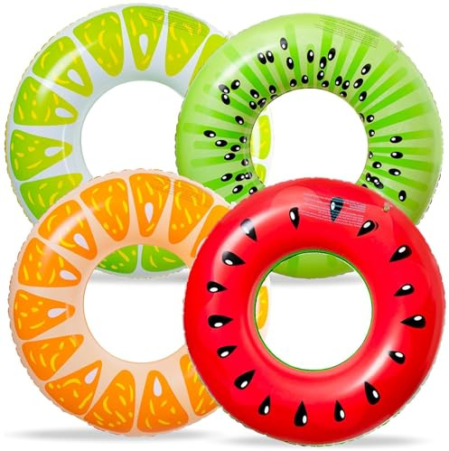X4 Uppblåsbara Fruktbadringar för Pool. Flytleksaker i Vattenmelon, Kiwi, Citron och Apelsin. Uppblåsbar och Tålig Design. Njut av Sommaren med dessa Badringar för Vuxna.