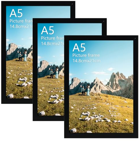 Hoikwo svart bildram A5 – modern svart fotoram för vägg eller bord, uppsättning av 3 ramar för foton, bilder