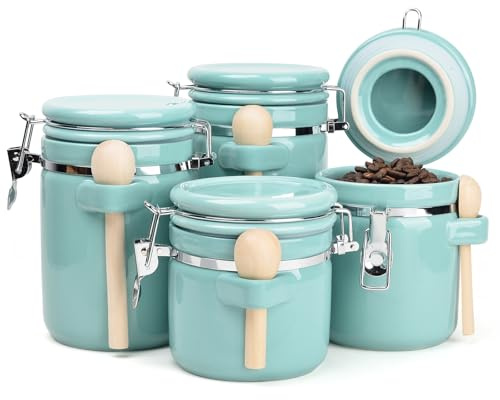 ZEBERBO 4-Piece Airtight Ceramic Canisters Set with Wooden Spoons & Chalk Labels – Perfect for Coffee, Sugar, Flour, Tea (Turquoise) – Stylish & Leakproof Kitchen Storage