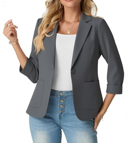 GRECERELLE Veste blazer pour femme élégante à manches 3/4 avec col à revers et col montant, veste de costume pour le travail, le bureau et les loisirs avec poches et bouton pour dames, gris foncé, 46