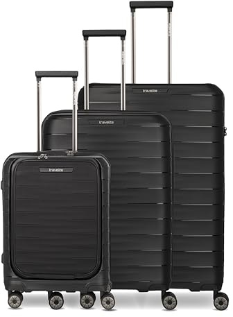 Travelite Koffer Set MOOBY Größen L/M/S, 3-teilig, Hartschale mit Vortasche | Kofferset 3-teilig aus robustem Material mit Ocean Bound Plastic, Handgepäck Trolley & 2 Koffer mit Vortasche, TSA Schloss