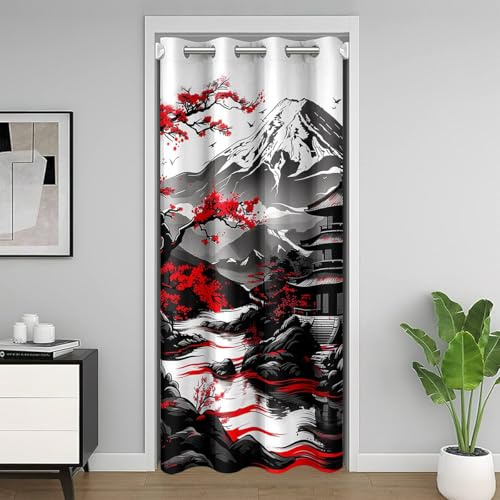 Homemissing Japanischer Stil Türvorhang 86x203cm Kinder Kirschblüten Zimmer Divider Kinder Jungen Mädchen Ukiyoe Fuji Mountain Sonnenuntergang Traditionelles Gebäude Kunstwerk Vorhang