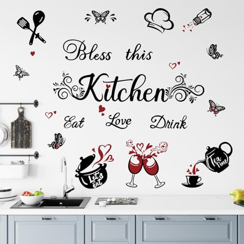 FUFUQUARE Küche Wandaufkleber Schwarz Segne diese Küche Wandtattoo Schmetterling Essen Liebe Trinken Zitat Utensil Kunst Dekorationen für Zuhause Esszimmer Café Restaurant