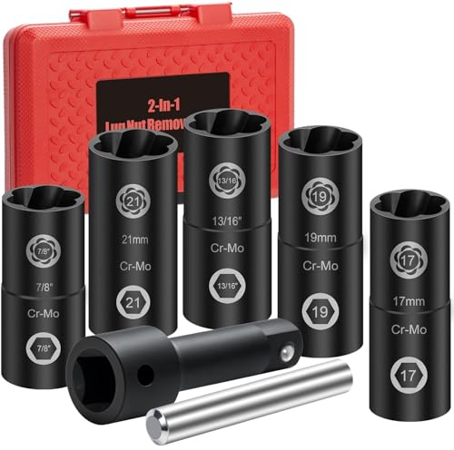 2-in-1 Lug Nut Removal Tool & Impact Socket Set, with 1/2 Drive, Easy Out Broken Bolt Extractor Kit, Ez Out Stripped Wheel Lock for Removing Rounded, Rusted Bolts, Nuts & Screw 7-Pieces