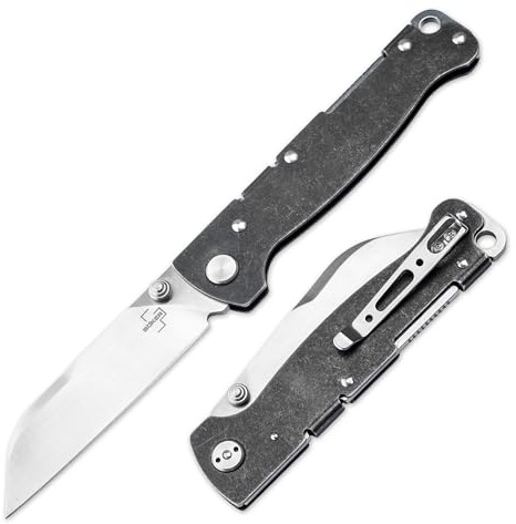 BÖKER PLUS® Atlas Sheepsfoot TS - flaches Einhandmesser mit Daumenpin - Vollmetall Klappmesser mit extra scharfer 6,9 cm Sheepfoot Klinge - robustes Taschenmesser mit Edelstahl-Griff Black Stonewash