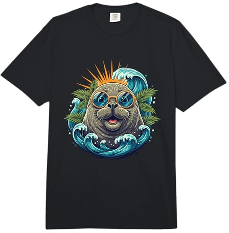 Cool Sunglasses Seal Wave Sunrise Tropical Beach Ocean Comfort Colors Adult Heavyweight T-Shirt