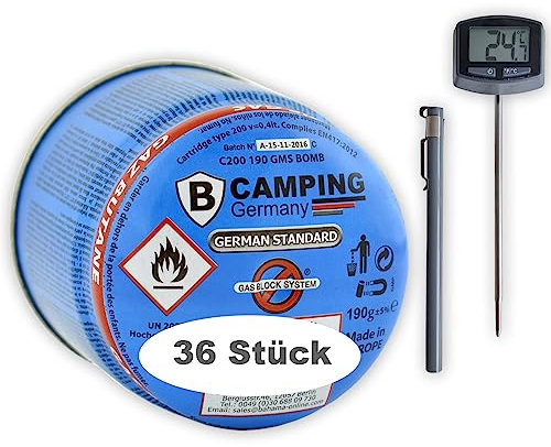 IOE 36x 190g Butan-Gas-Kartusche Stechkartusche für Gaskocher Lötlampe Campingkocher Lötbrenner Campinglampe Bunsenbrenner Shisha-Kohlenanzünder mit Gas-Stop-System inkl. Grill-Thermometer
