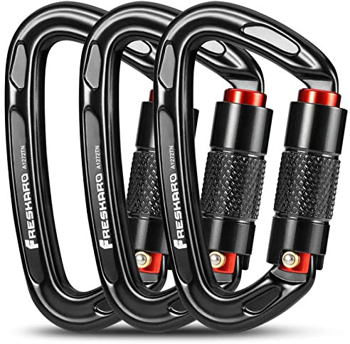 3pack Locking Climbing Carabiners-UIAA CE Certified 25kN Auto Locking Carabiner Clips, Carabina Twist Lock and Heavy Duty caribeaners for Rock Climbing, Rappelling, Dog Lead, D Shaped, Large, Black