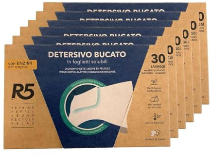 R5, Detersivo Bucato in Foglietti Solubili, 180 Lavaggi, Detersivo in Fogli con Enzimi per Lavatrice o Lavaggi a Mano, per Capi Bianchi e Colorati, Profumo Fiori di Lino, Eco-Formato