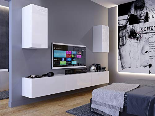 Furnitech Wohnwand Wohnzimmer | Hängend Wohnwand Modern | Wohnzimmer Schrankwand mit Regale und TV Schrank | Wohnzimmer Möbel ohne LED (Markus AN24-18W-HG2 1A Klein)