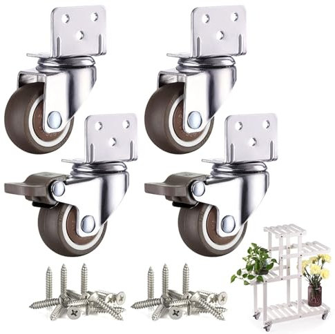 Resszo Ruote per Mobili 50MM, Set di 4 Ruote Per Carrello TPE con Cuscinetti Freno, Piastra di Montaggio a L, Rotelle Pivotanti con 20 Vite per Fiori e Culle Mobiletti