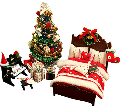 Miniatur Puppenhaus Zubehör Weihnachten, Dänische Wichtel Zubehör DIY Handgefertigtes Modell Weihnachtsmöbel Bett Weihnachtsbaum Klavier Geschenk Dekoration Wichteltür Weihnachten Set