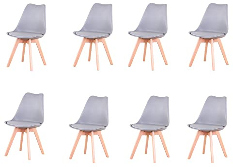 GrandCA HOME 8er-Set Esszimmerstühle, Bürostühle mit Beinen aus massiver Buche, Retro-Design, gepolsterte Stühle, Küchenstühle aus Holz, Grau