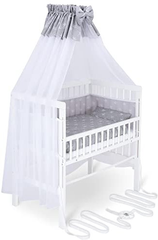 FabiMax Baby Beistellbett für Boxspringbett, TÜV geprüft 2022, inkl. Matratze und Komplett Set, Buche massiv weiß, Comfort/weiße Sterne auf grau