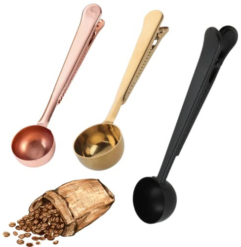 Set of 3 Stainless Steel Coffee Scoops | Gold | Black | Copper | Handle Serves as a Tight Grip for Sealing Coffee Grounds Bags | Stylish and Modern | 1 Tablespoon Size