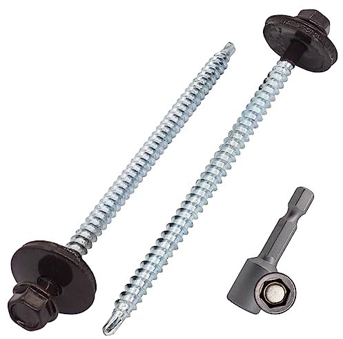 SKIR'CO (10 Stück) lackierte Dachschrauben 4,8 x 100 mm, Sechskantkopf, selbstbohrende Schrauben mit EPDM-Unterlegscheiben (Graubraun, RAL 8019)