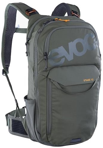 EVOC STAGE 12, Backpack (verstellbare Schultergurte durch BRACE LINK, AIR FLOW CONTACT SYSTEM, inkl. Trinkblasenfach, Werkzeugfach und Komprimierungsgurte, One Size), Dark Olive