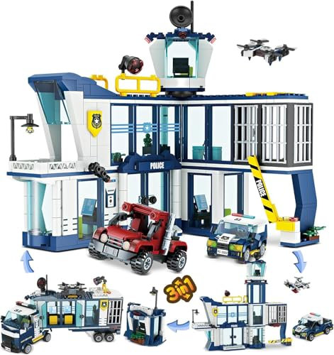 QLT QIAOLETONG City Polizeistation Polizei Spielzeug 3in1 City Polizei Klemmbausteine Bausteine mit Polizeiauto, Banditenauto und Überwachungsdrohne 699 PCS Geschenk für Jungen Mädchen Alter 8-12