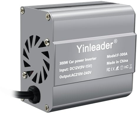 Yinleader 300W DC 12V to 230V 240V AC Power Inverter 1 UK Socket 2 USB Ports with Cigarette Lighter-Grey Aluminum Body