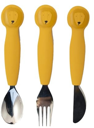 Trixie - Ensemble de Couverts en Silicone et Acier Inoxydable pour Bébés et Enfants - 3 Pièces (Fourchette, Cuillère et Couteau) - Mr. Lion