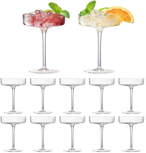 Khen Crystal Glass Ribbed Vintage Art Deco Coupe - 8oz. Set of 12 Crystal Glasses - Weddings & Parties, Champagne Tower, Hosting Essentials, Champagne & Cocktail Goblet Stemmed Ripple Coupes Glassware