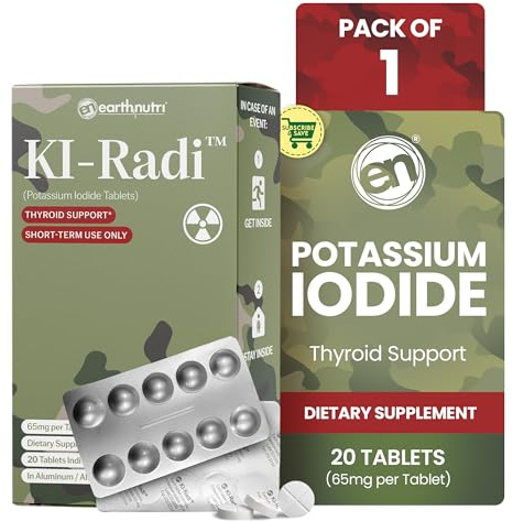 EarthNutri KI-Radi™ Potassium Iodide KI Tablets 65 mg – High Potency Iodine for Thyroid Support, Emergency Preparedness – Potassium Supplement in Foil-Foil Blister Seal – 20 Tablets (1 Pack)