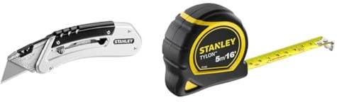 Stanley Quickslide Pocket Knife All-Metal with Belt Clip Ref 0-10-810, Silver/Black & Tylon Tape Measure 5M/16 Inches Compact Case with Cushioned Grip Metric and Imperial System 1-30-696, Yellow