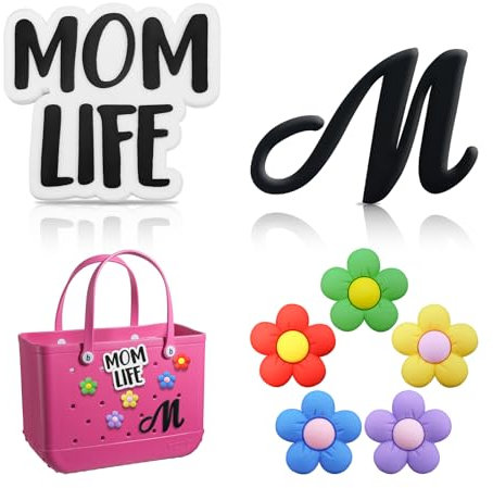 7-teiliges Buchstaben-Anhänger für Bogg Bag-Zubehör-Set, große Anfangsbuchstaben für alle Originalgröße, Mutterleben-Anhänger für Gummi-Strandtaschen, niedliches Blumen-Charm-Zubehör für einfache