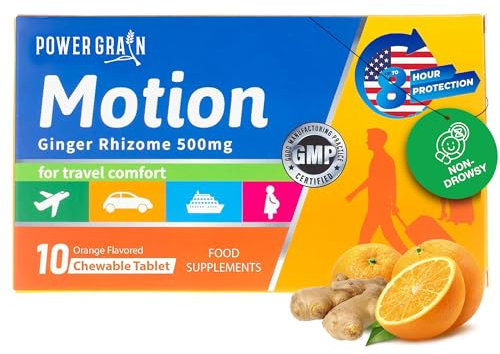Travel & Motion Sickness Tablets - 500mg Chewable Ginger Rhizome Tablets - Non-Drowsy Nausea & Vomiting Relief - 10 Tablets (Orange)