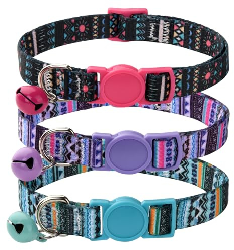 MarukoPet Katzenhalsband mit Sicherheitsverschluss und Glöckchen, Verstellbar Halsband Katze Kitten, 19-30cm, 3-Stück(Set B) | Mit geometrischen Mustern im Bohemian-Stil, verstellbar, 19,1 - 30,5 cm, mit Sicherheitsschnalle für Kätzchen und Katzen