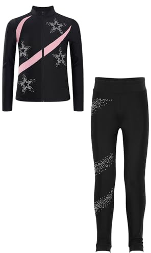 inlzdz konståkning kläder set barn flickor tvådelad träningsoverall långärmad dragkedja jacka med konståkningslösningar leggings sportkläder, ROSA, 134/140 cm