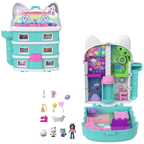 Polly Pocket x Gabbys dockskåp i lekväska, mikrodockor och lekset, 9 tematillbehör, djurkompisarna Pandy Paws, Cakey och MerCat, JFV02