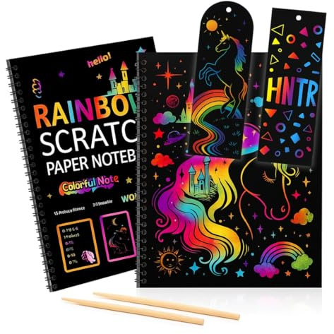 HNTR® Lot de 2 carnets de notes arc-en-ciel à gratter | 100 autocollants + 4 stylos en bois | Grand bloc de papier à gratter noir pour le dessin et les travaux manuels | Activité de voyage sans