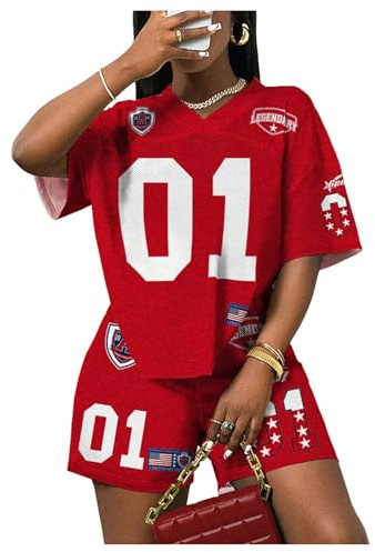 BEAUDRM Women's 2 Piece Outfits Jersey Shirts Number Letter Graphic V Neck Tee and Shorts Tracksuits Red Medium