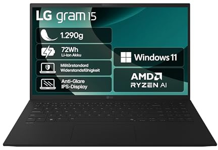 LG gram 15 15Z80T-G.AU75G (15,6 Zoll) IPS Notebook, AMD Ryzen™ AI 7 350, 16GB RAM, 512GB SSD, AMD Radeon™ 860M, federleicht (1,290 kg), 72 Wh, Schwarz
