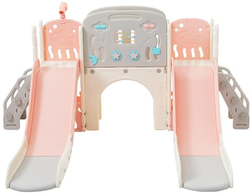 Barnrutschkana, 8-i-1, barnrutschkana med klätterställning, teleskop och tunnel, utomhus, lekplats för småbarn, babyrutschkana, inomhus, lekplats för trädgård, småbarn (rosa, dubbelrutschkana)