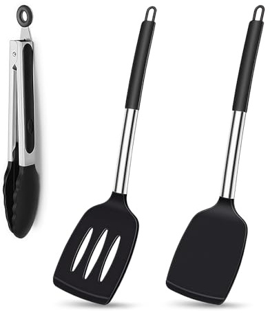 AMFUN 3PCS Heat Resistant Silicone Spatulas, BPA Free, Large Black Spatula Turner, Reusable Silicone Spatula Set, Non Stick Flexible Silicone Spatula Set for Baking, Frying, Flipping Eggs, Pancakes