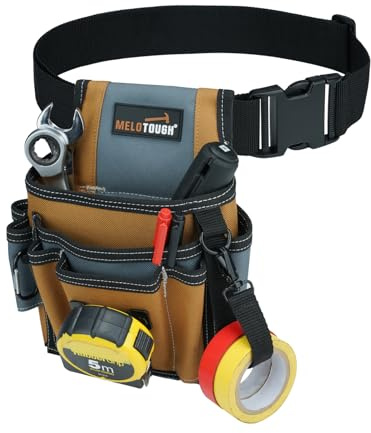 MELOTOUGH Bolsa para herramientas de electricista con clip para cinturón, juego de cinturón de trabajo resistente de 2 pulgadas para hombres, bolsa de herramientas de 13 bolsillos para contratistas y