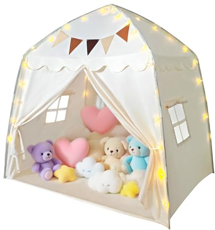 Kids Play Tent, Indoor Large Children Play House with Star Lights, Cloth Banners, Padded Mat, Door Curtains, Windows, Toddler Fairy Castle Tent Indoor for 3-7 Year Old Girls Boys Gift, 150x108x150cm