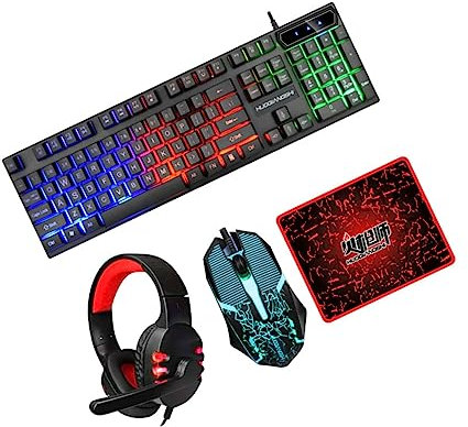Tofficu 1 Ensemble Quatuor Clavier Ergonomique Souris USB Casque et Tapis de Souris Accessoire de Bureau et Gaming avec Éclairage et Design Créatif
