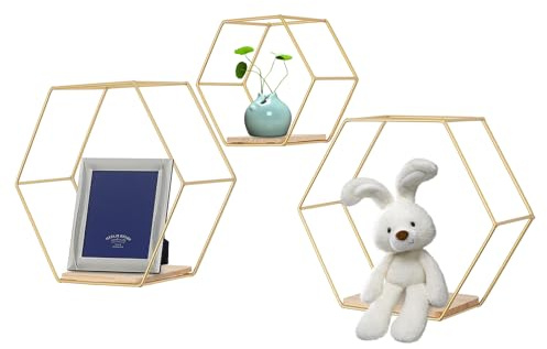 BAOCHADA Hexagon Wandregal Metall 3er Set, Wanddeko Hängeregal Schweberegal | 3 Größen Hängeregal Schweberegal, Wandmontage, Schwebende Metallregale für Wohnzimmer, Schlafzimmer, Bad, Flur, Café (Gold)