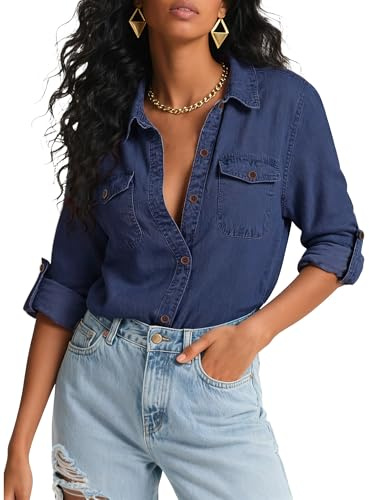 HOCAIES Women Trendy Button Down Denim Shirt Chambray Casual Long Sleeve Collared Jean Top Shacket with Pockets Size 12 to 14 Dark Blue Large