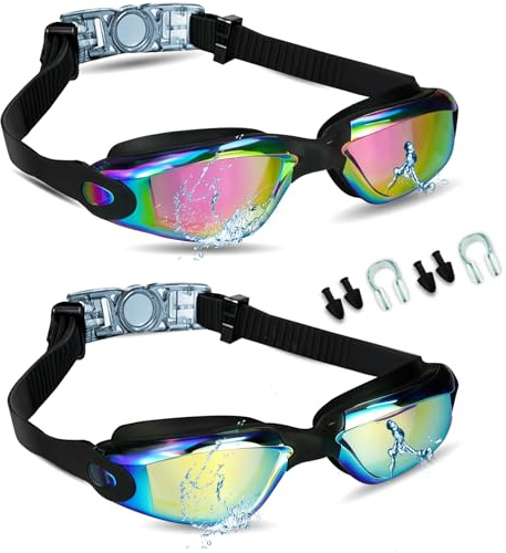 Mezere Gafas de natación para hombres y adultos, paquete de 2 gafas de natación para niños de 6 a 14 años, antivaho, para niños y niñas, antifugas, protección UV, clips de nariz y orejeras