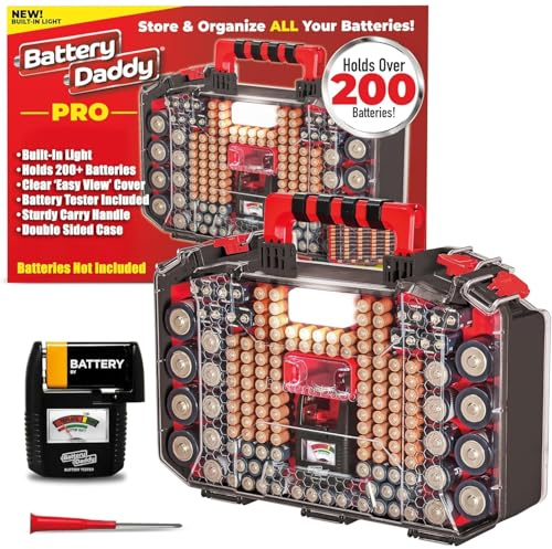 Ontel Battery Daddy Pro Organizer Case with Light + Tester, Holds 200+