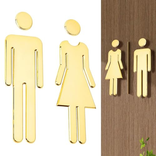 Restroom Door Sign,Men Women Toilet Signs, Adhesive WC Restroom Signage Sticker, Acrylic Mirror Metal Toilet Stickers for Hotels, Restaurants, Shopping Malls, Bars, Public Toilets(1 Pairs,Gold)