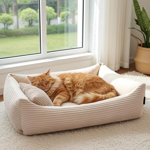4L Textil Kuscheliges Katzenbett aus Cord waschbar Katzekorb Katzekissen flauschig Katzenkörbchen Katzensofa (60x40 cm, Beige)
