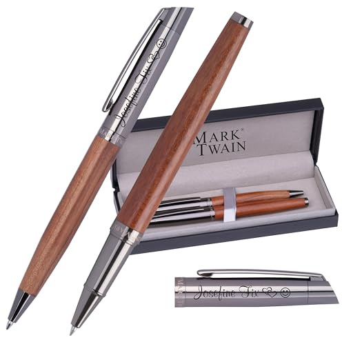 Schmalz Mark® Twain Holz Schreibset KATRINA – Geschenkset mit Kugelschreiber & Tintenroller aus Metall – Edles Stifte Set für Damen & Herren, ideal als Geschenk & für Büro, personalisierbar
