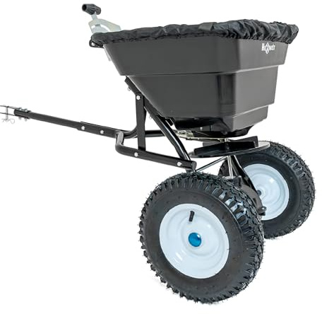 Esparcidor arrastrado 30L para tractor de césped, ancho de extensión 3,5 m, esparcidor de fertilizantes, esparcidor de semillas para césped, esparcidor de sal y arena con neumáticos neumáticos